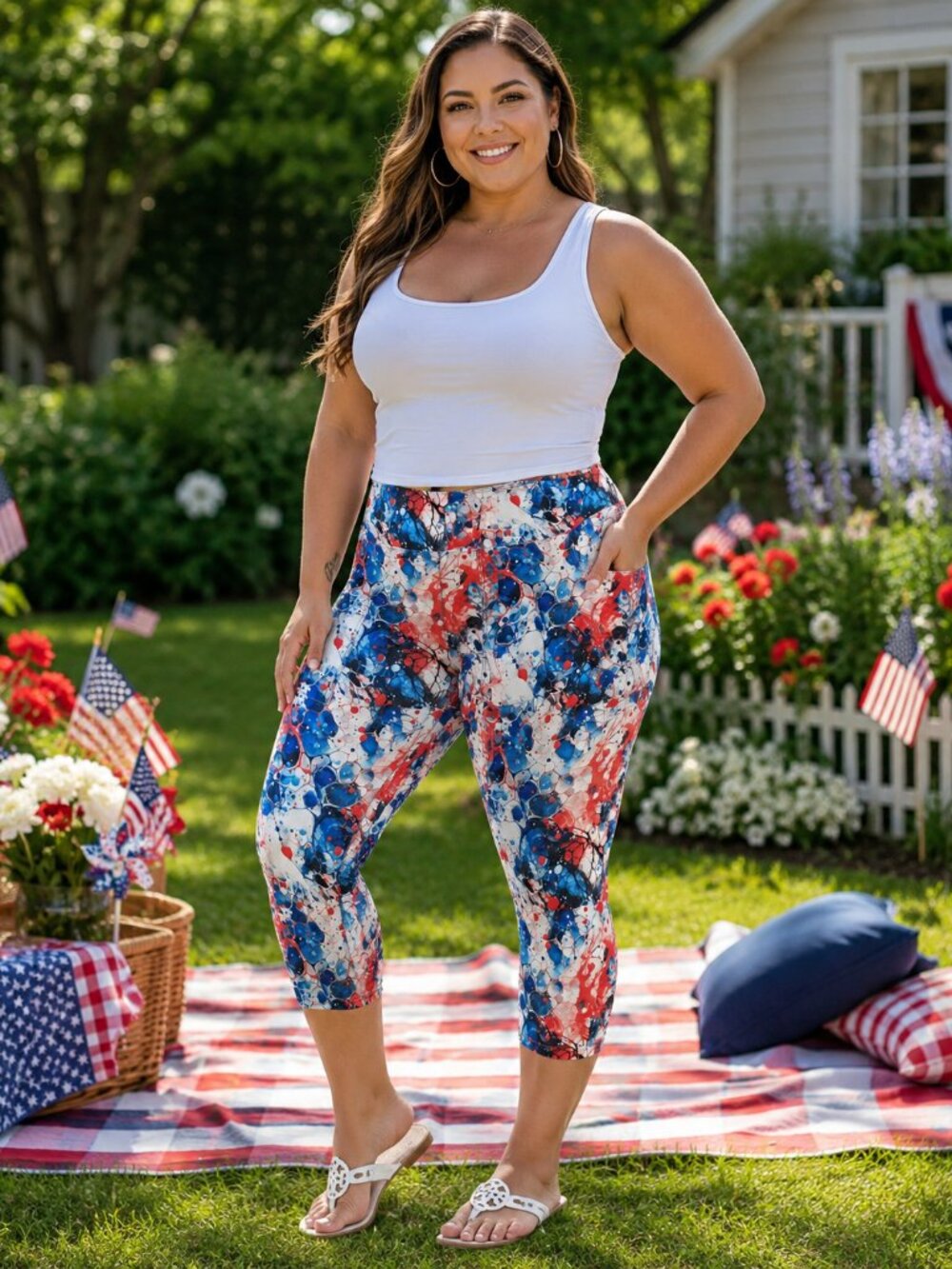 Red White Blue Marble Pocket Capri Leggings
